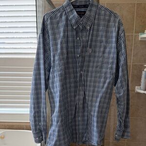 Wrangler Men's Blue and White Plaid Button-Down Shirt